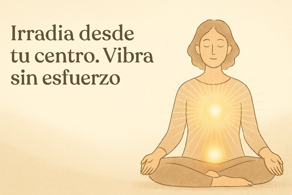 Ilustración vibracional de práctica energética: irradiar desde el dantien medio y el inferior en calma y presencia.