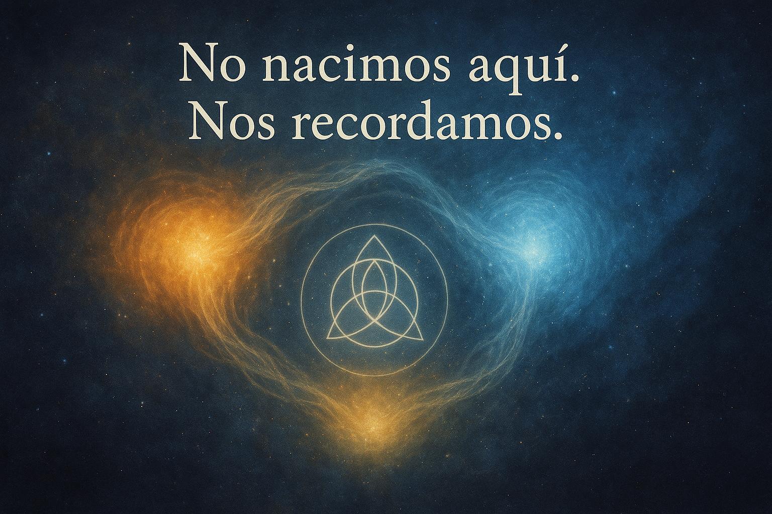 Frase vibracional de apertura en tonos violeta: “No nacimos aquí. Nos recordamos.” – Imagen sagrada de la historia de Rael, Aira y Naiara.