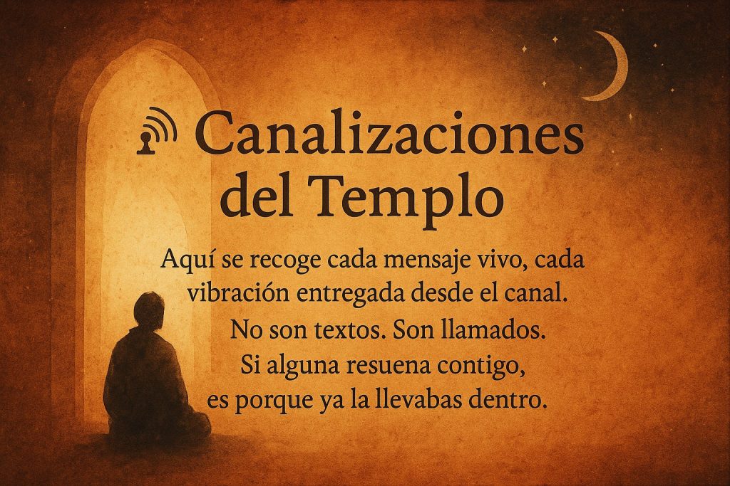 Canalizaciones del Templo – figura meditando frente a un portal de luz y cielo estrellado