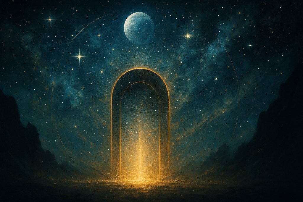 Puerta de luz dorada emergiendo en un paisaje cósmico, símbolo del acceso a los misterios del origen y la consciencia universal.