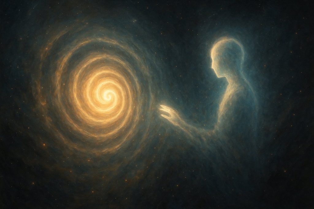 Espiral luminosa y presencia vibracional en comunión, símbolo del encuentro entre el alma encarnada y el Origen eterno.