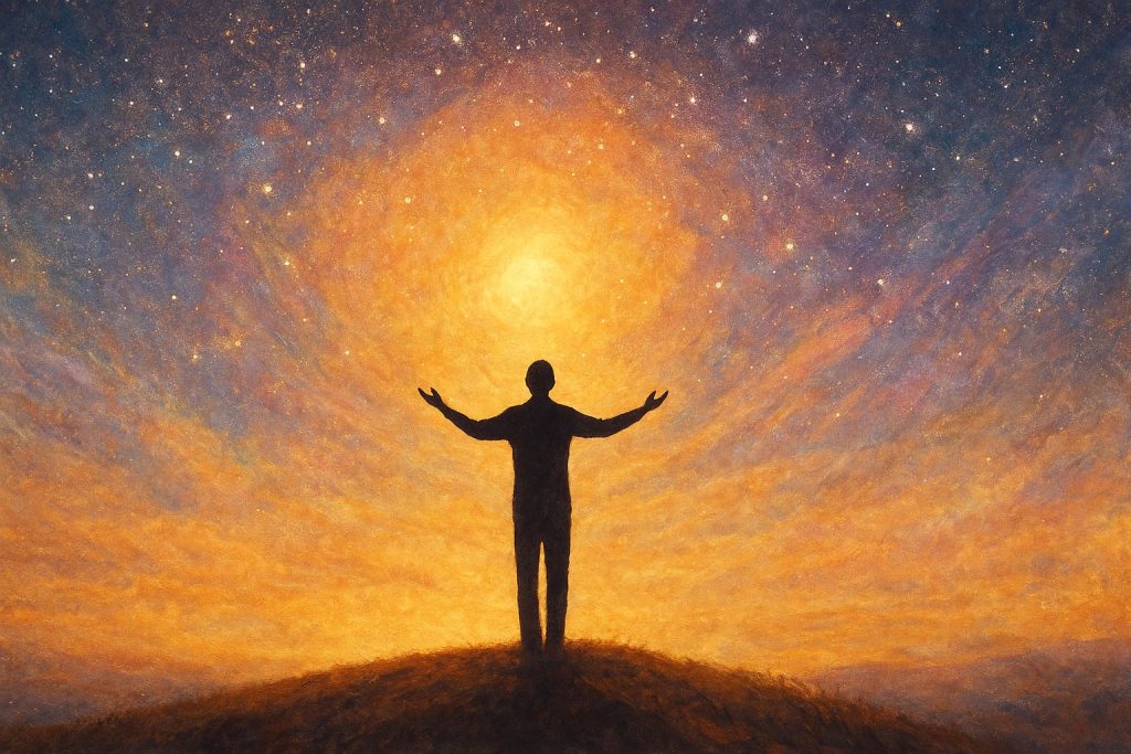 Silueta de una persona de pie con los brazos abiertos hacia el cielo al amanecer, simbolizando la conexión entre el alma y el propósito.
