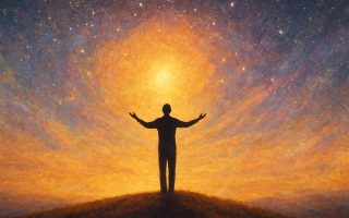 Silueta de una persona de pie con los brazos abiertos hacia el cielo al amanecer, simbolizando la conexión entre el alma y el propósito.