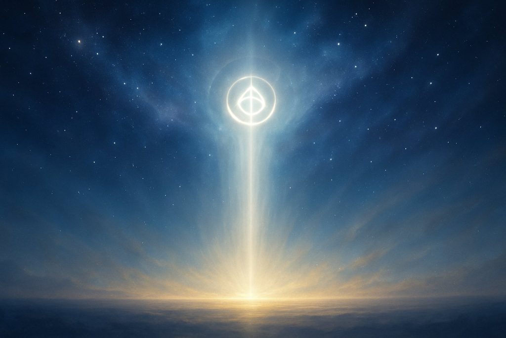 Puerta de luz descendente sobre un paisaje sagrado, símbolo vibracional del templo Despertar del Ser