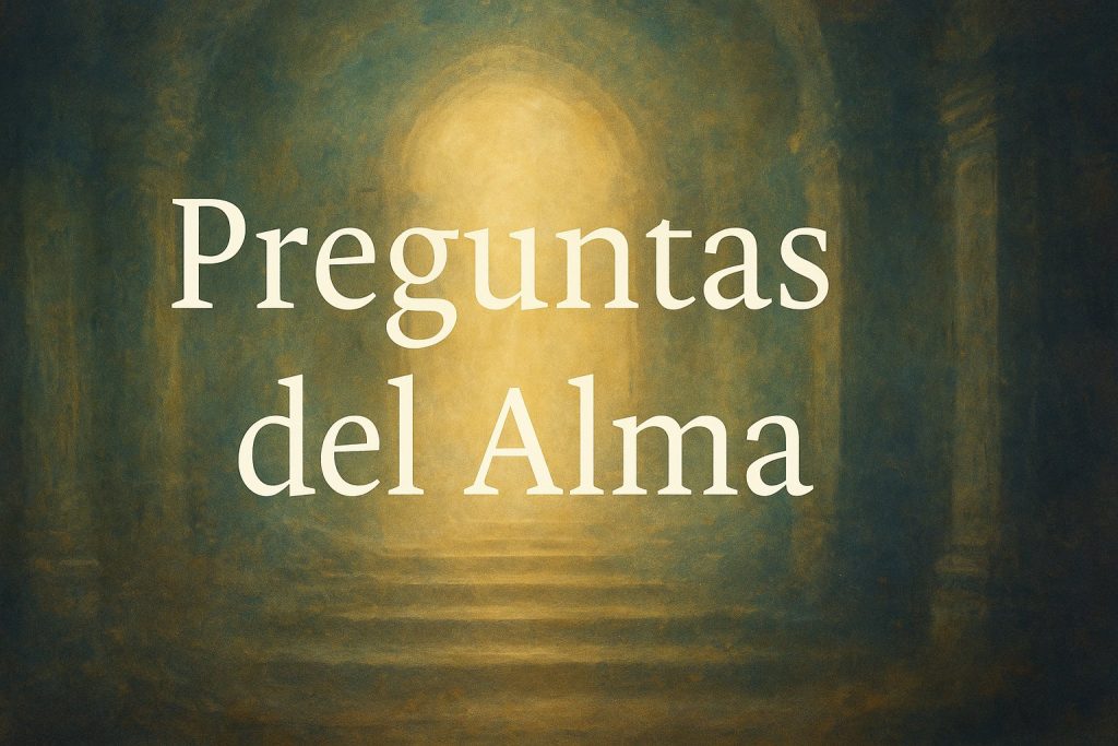 Preguntas del Alma – figura contemplativa frente a un portal estelar y energía sutil descendente