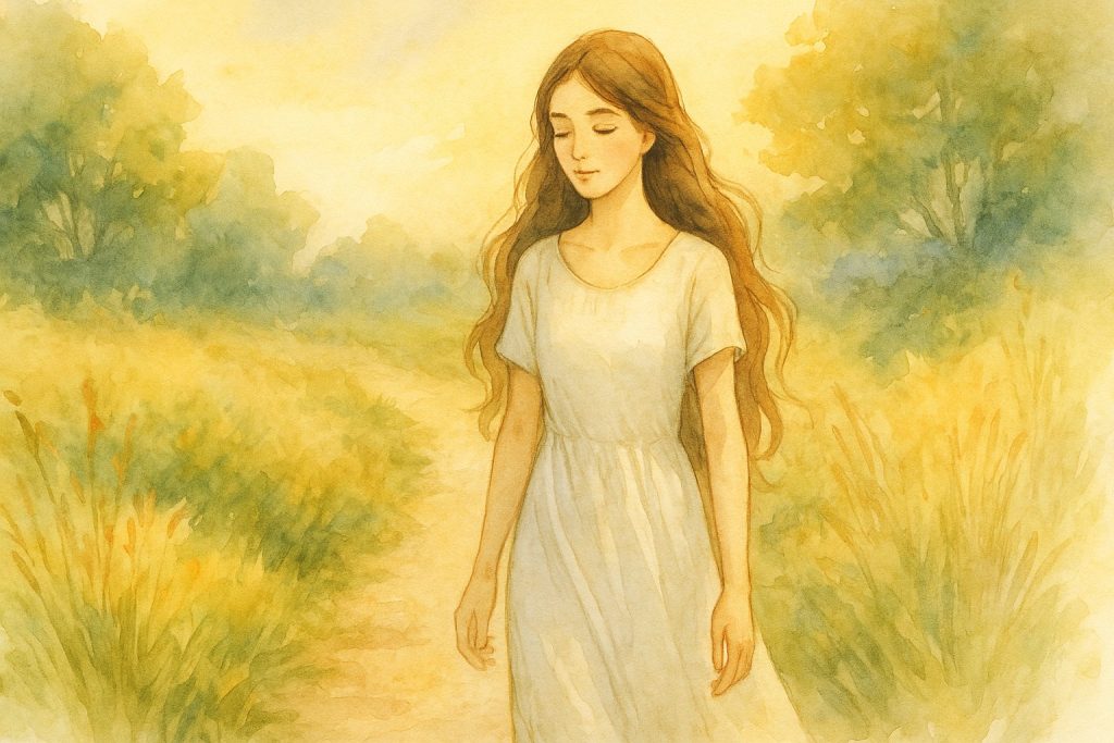 Aira caminando en plena presencia, rodeada de luz dorada y naturaleza viva. Ilustración vibracional de conciencia despierta.