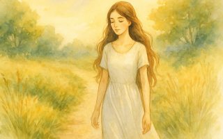 Aira caminando en plena presencia, rodeada de luz dorada y naturaleza viva. Ilustración vibracional de conciencia despierta.