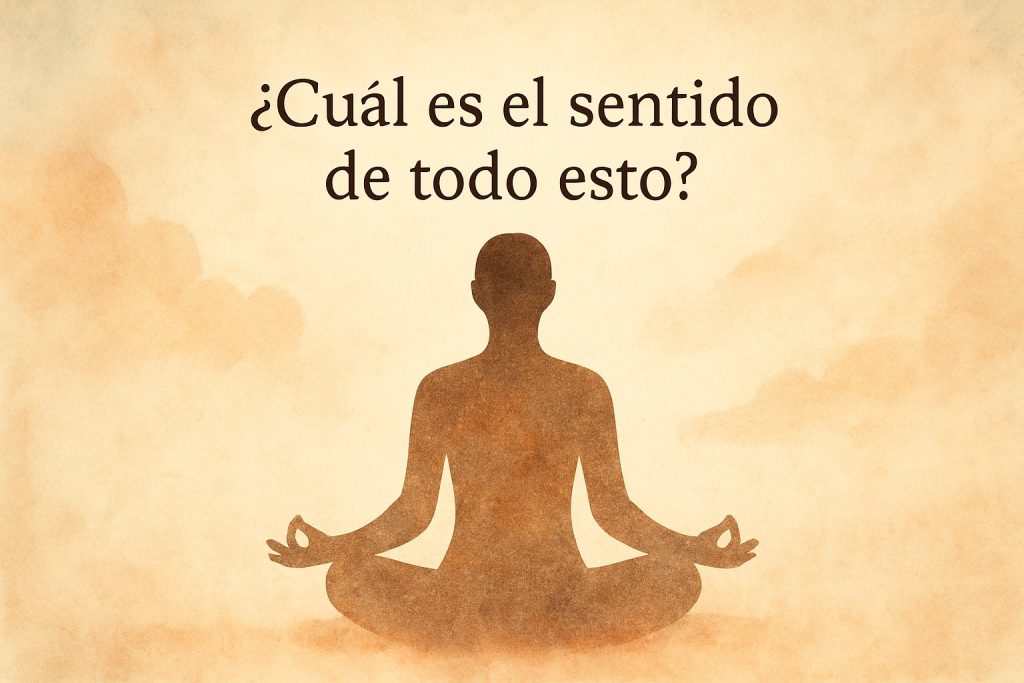 Ilustración meditativa con la frase ¿Cuál es el sentido de todo esto? sobre fondo cálido y figura en postura de loto