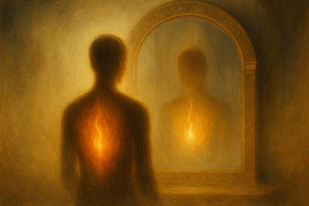 Figura luminosa ante un espejo sagrado reflejando su fuego interior – Despertar del Ser