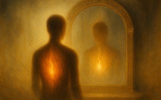 Figura luminosa ante un espejo sagrado reflejando su fuego interior – Despertar del Ser